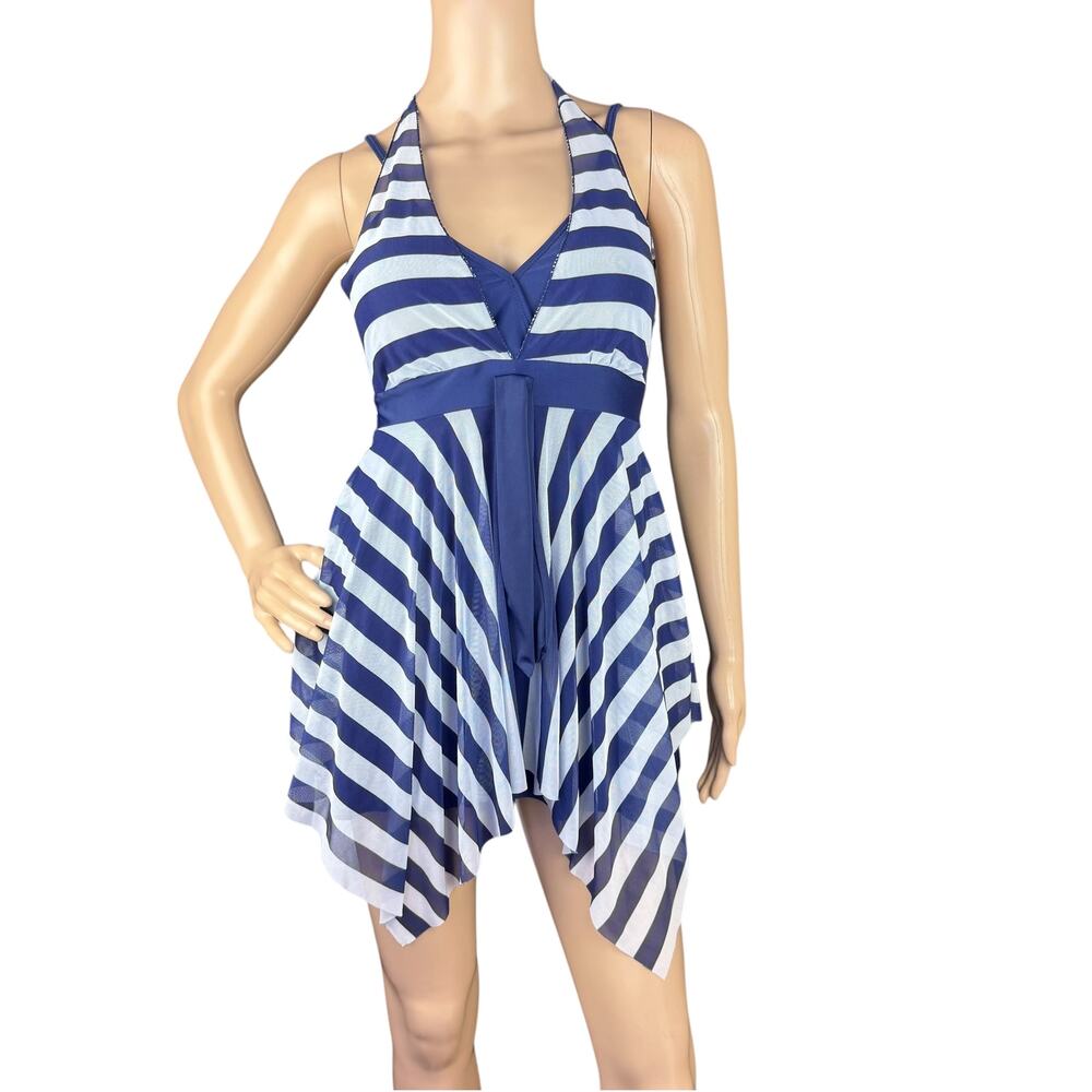 New Women's Navy Blue White Striped Mesh Halter Handkerchief Hem Swim Dress L